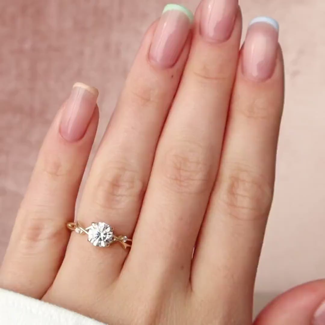 1.0 CT Round Cut Twig Style Pave Moissanite Engagement Ring